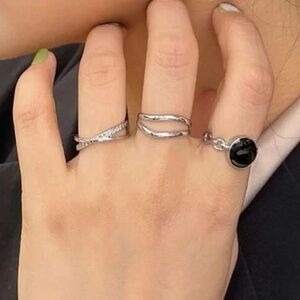 Silver Trio Ring Set with Black Accent Stone